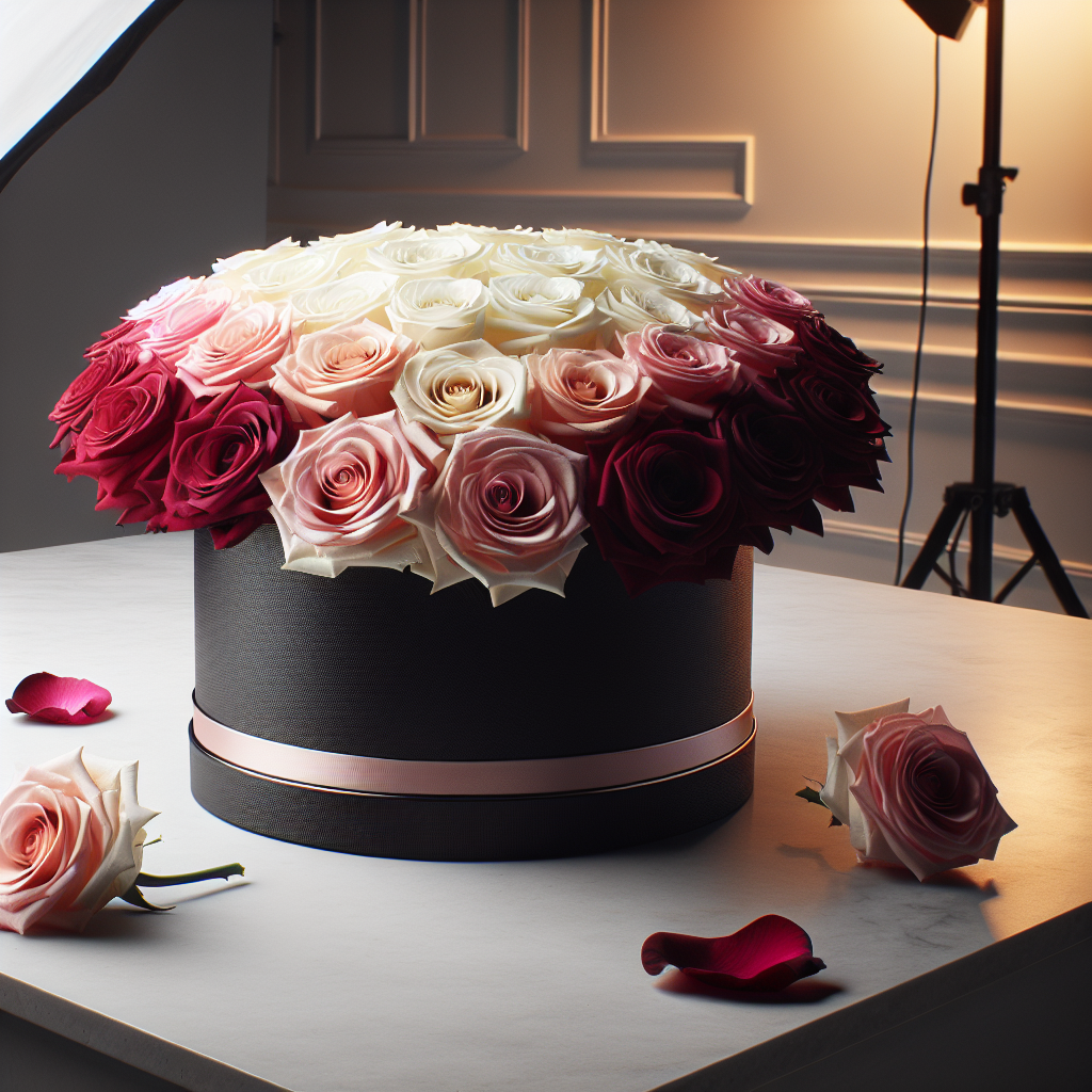 Luksusowy flower box z różami w gradiencie od bieli do różu