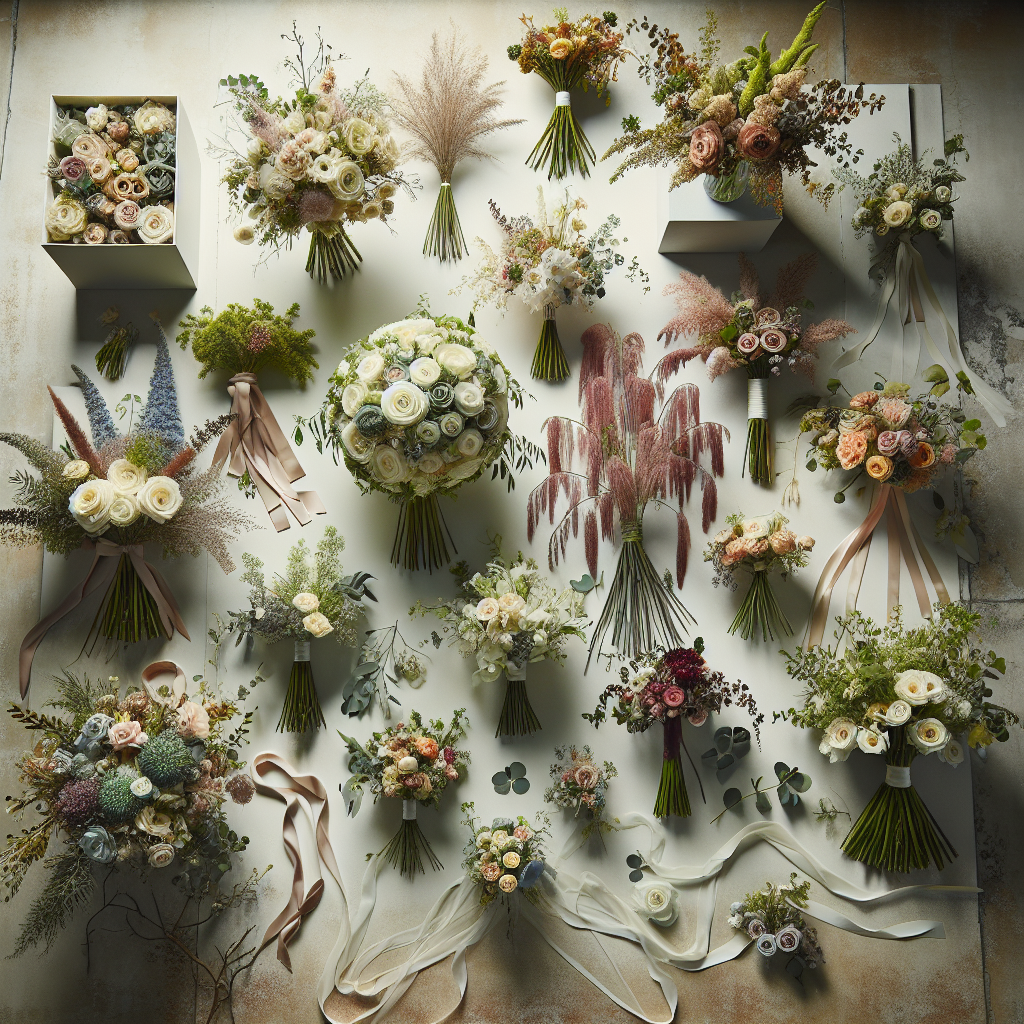 Różnorodne bukiety kwiatów ułożone na marmurowym blacie