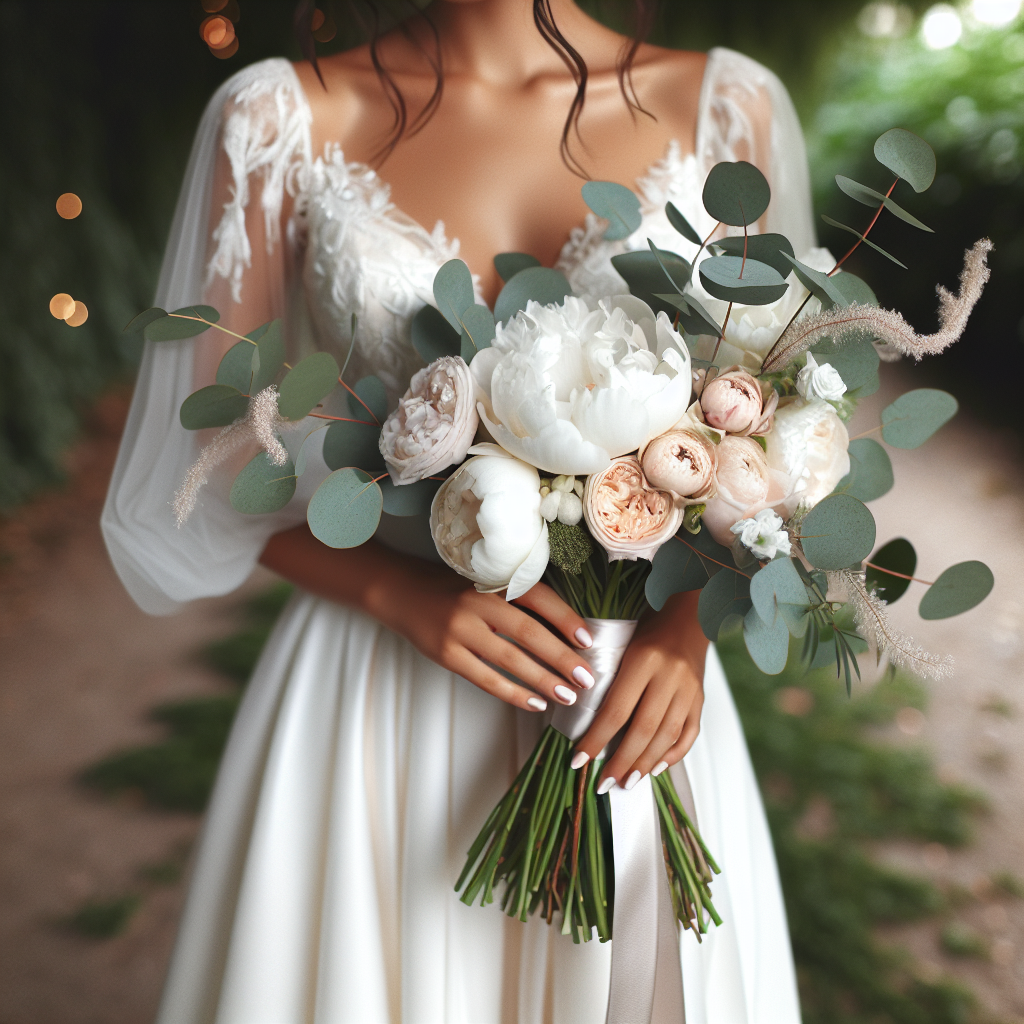 Elegancki bukiet ślubny z białych piwonii i róż
